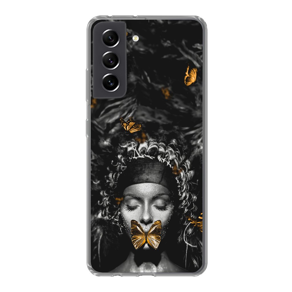 MuchoWow Handyhülle Schutzhülle Hülle für Samsung Galaxy S21 FE Frau - Schmetterlinge - Schwarz - Weiß Silikon Softcase Handy Hülle - Mobil...