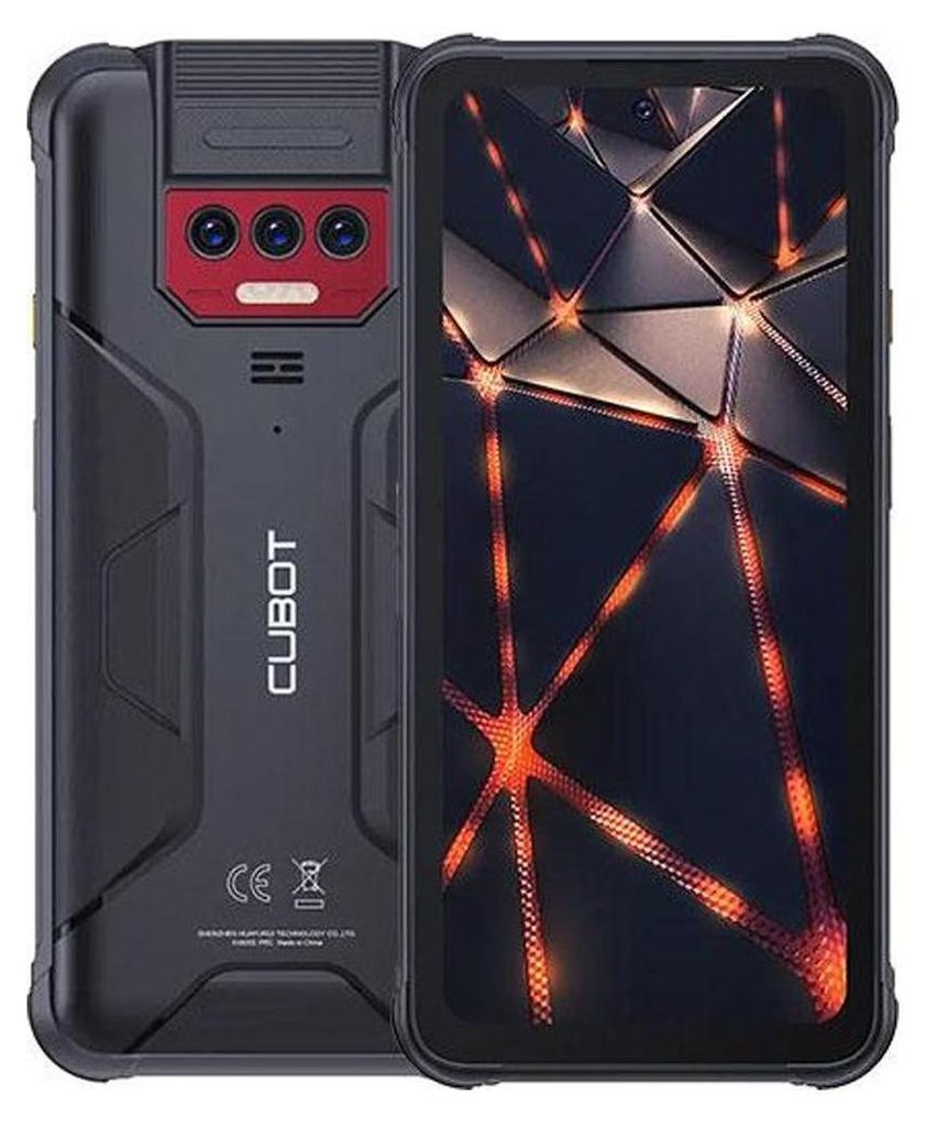A black CUBOT KingKong 8 smartphone is shown from the front and back against a black background. The screen displays a geometric pattern with orange lines.
