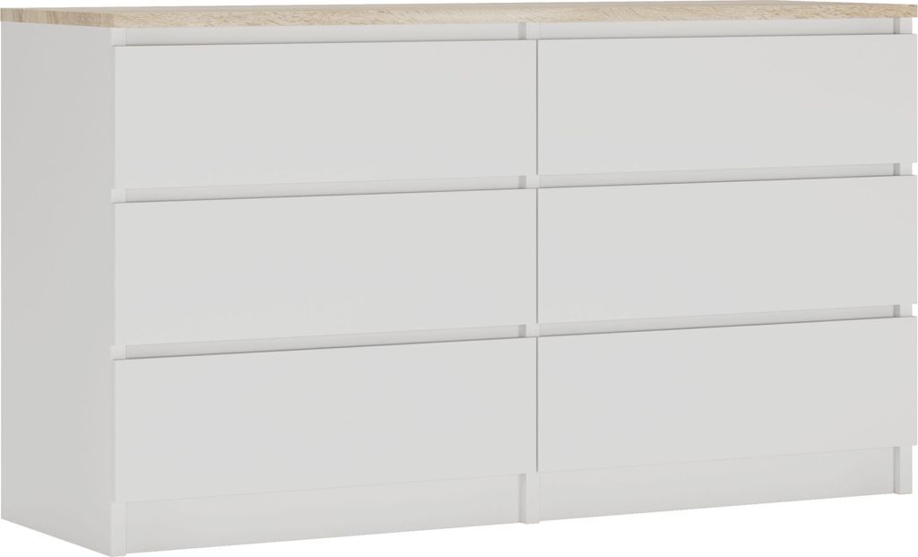 Kommode 6 Schubladen, Farbe: Mattweiß / Sonoma-Eiche TOP, 138 x 78 x 39 cm