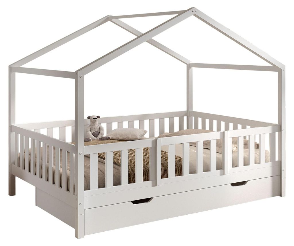 Hausbett Kapua 140x200 Bettschublade Rausfallschutz Kiefer massiv weiß