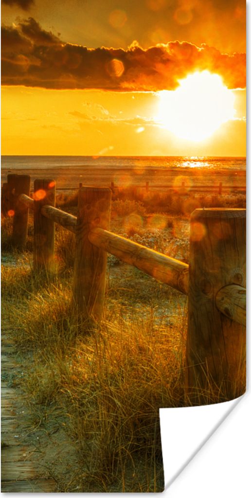 MuchoWow Poster Sonne - Strand - Düne - Horizont - Gras - Weg - Orange 75x150 cm - Dekoration für die Wände