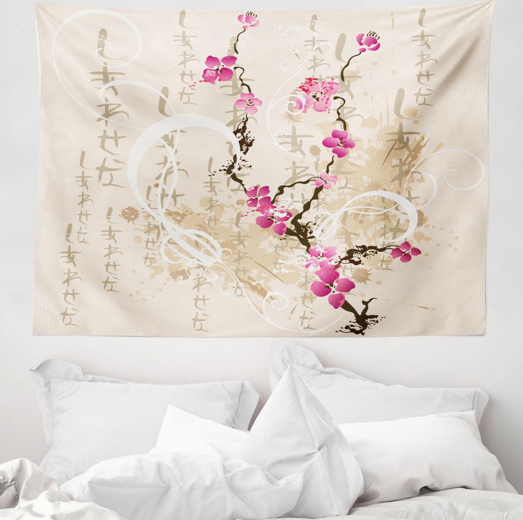 ABAKUHAUS japanisch Wandteppich, Letters Sakura Blumen aus Weiches Mikrofaser Stoff Waschbar ohne Verblassen Digitaldruck, 150 x 110 cm, Mehrfarbig