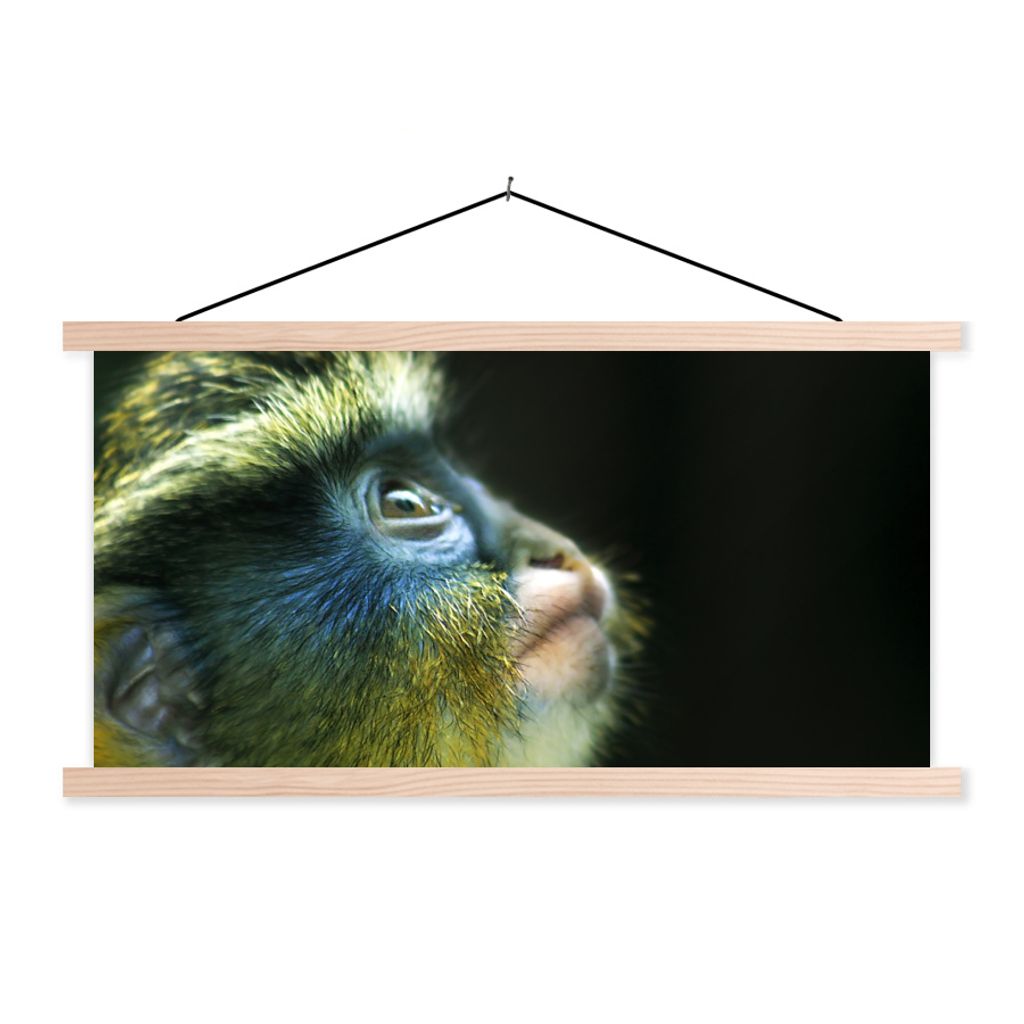 MuchoWow Textilposter Affe - Fell - Schwarz 120x60 cm mit holzfarbenen Rahmen - Klemmleiste