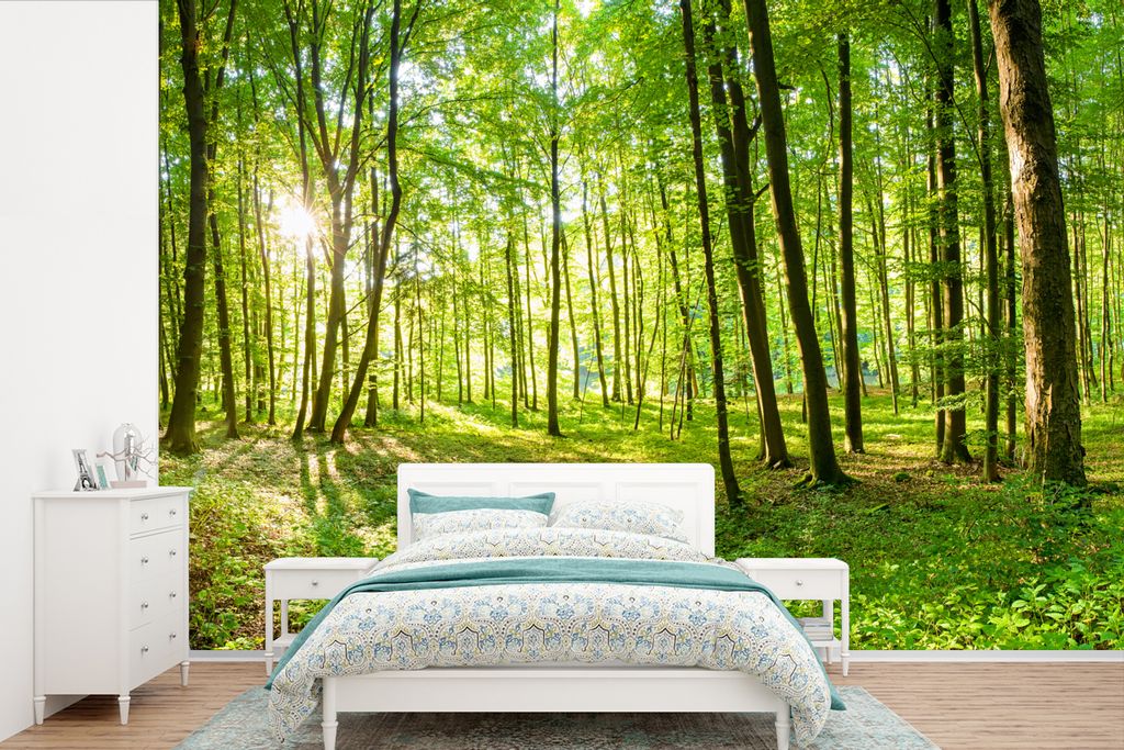 MuchoWow Fototapete für Wohnzimmer oder Schlafzimmer Wandtapete Vinyl Motivtapete Natur - Bäume - Wald - Grün - Sonnenlicht - 420x280 cm - Zim...