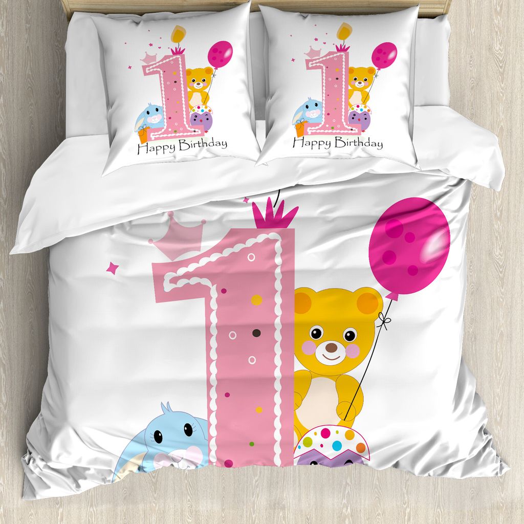 ABAKUHAUS 1. Geburtstag Bettbezug, Prinzessin Girl Party, Milbensicher Allergiker geeignet mit Kissenbezügen, 155 cm x 220 cm - 80 x 80 cm, Blassr...