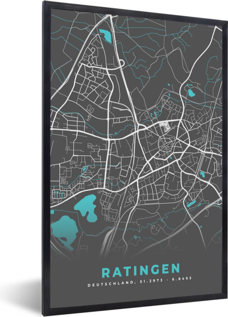 MuchoWow Gerahmtes Poster Blau - Deutschland - Karte - Stadtplan - Ratingen 20x30 cm - Poster mit Schwarzem Bilderrahmen Wandposter Rahmen Foto B...