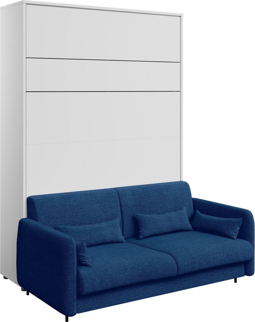 Furniture24 Schrankbett mit sofa Bed Concept 140x200 cm Lenart Bett im Schrank Klapbett Weiß/Marineblau