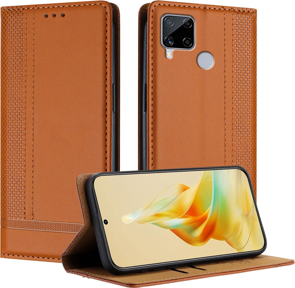 Handyhülle für Realme C15 Leder Flip Klappbare Schutzhülle mit Standfunktion Braun