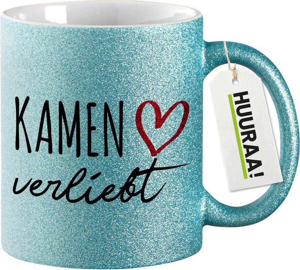 Huuraa Glitzertasse Kamen verliebt 330ml Blau Keramik Kaffeebecher Geschenkidee