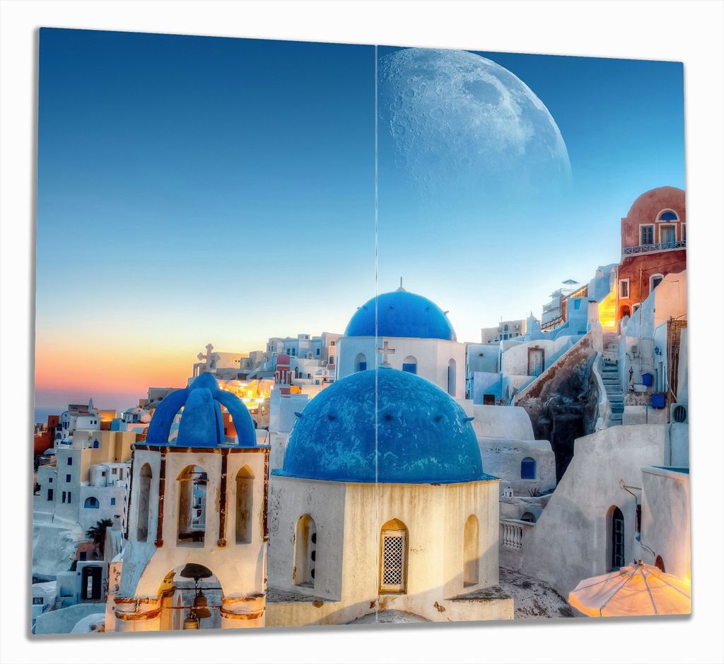 Wallario Herdabdeckplatte aus Glas, Größe 60 x 52 cm 2-teilig, Motiv Urlaub auf Santorini