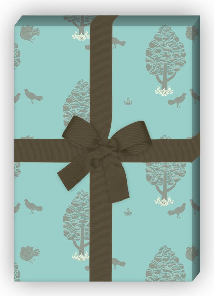 Designer Geschenkpapier Bäumen und Tauben, türkis grau - G7287, 32 x 48cm