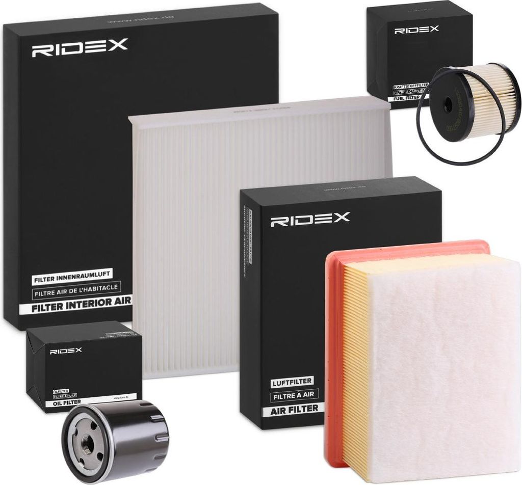 RIDEX Filterset Inspektionspaket Filtersatz passend für MERCEDES-BENZ E-Klasse Limousine (W210) für SEAT Leon Schrägheck (1M1) passend für PEUGEOT