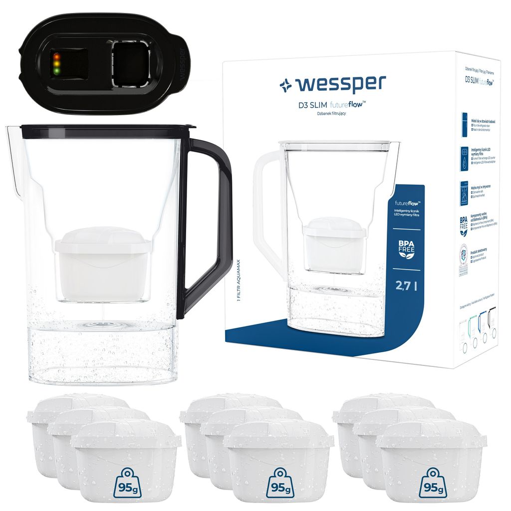 Wessper D3 SLIM waterfilterkan, 2,7 liter, zwart, met Productafbeelding 