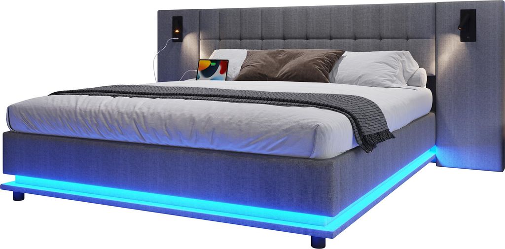 Polsterbett, 180*200cm, mit LED-Leiste, Kopfteil mit Spot, mit USB, ohne Matratze, Leinen, Grau