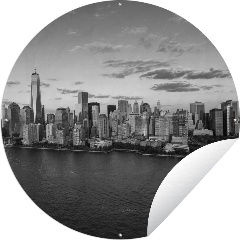 MuchoWow Gartenposter Outdoor-Poster Rund Skyline von New York City während der Goldenen Stunde - schwarz und weiß Ø 150 cm Gartendeko Rundes ...