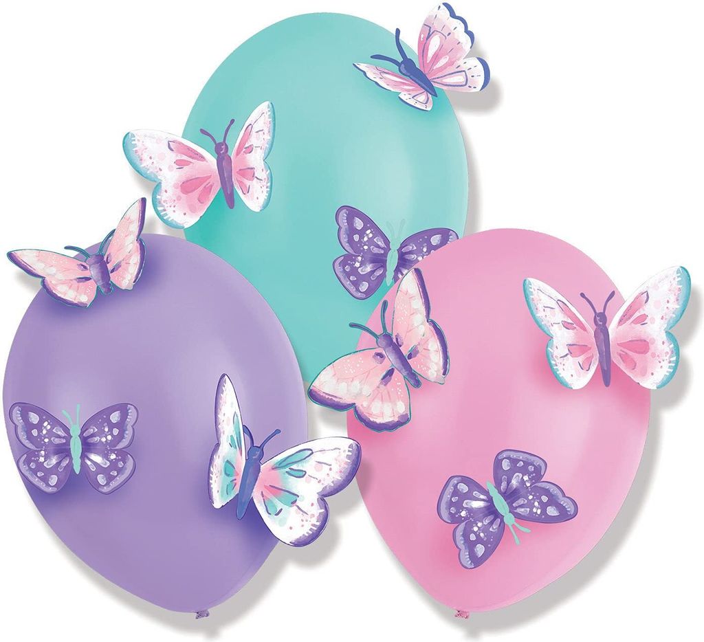 Amscan 9909727 - Latexballons Flutter mit Papierapplikationen, 3 Stück, Schmetterling, Luftballons, Dekoration, Kindergeburtstag, Mottoparty