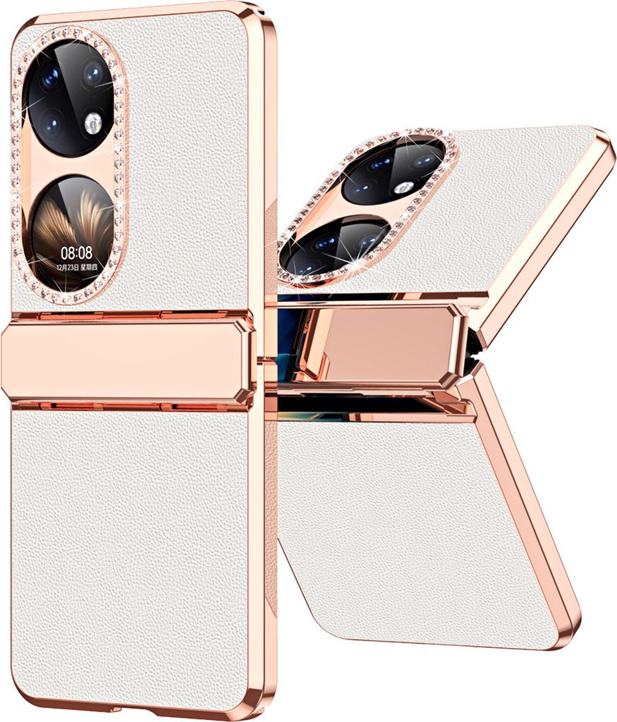 Handyhülle für Huawei P50 Pocket, Scharnierschutz, Luxus Galvanisierter Litschi Glänzender Diamant Schutzhülle Weiß
