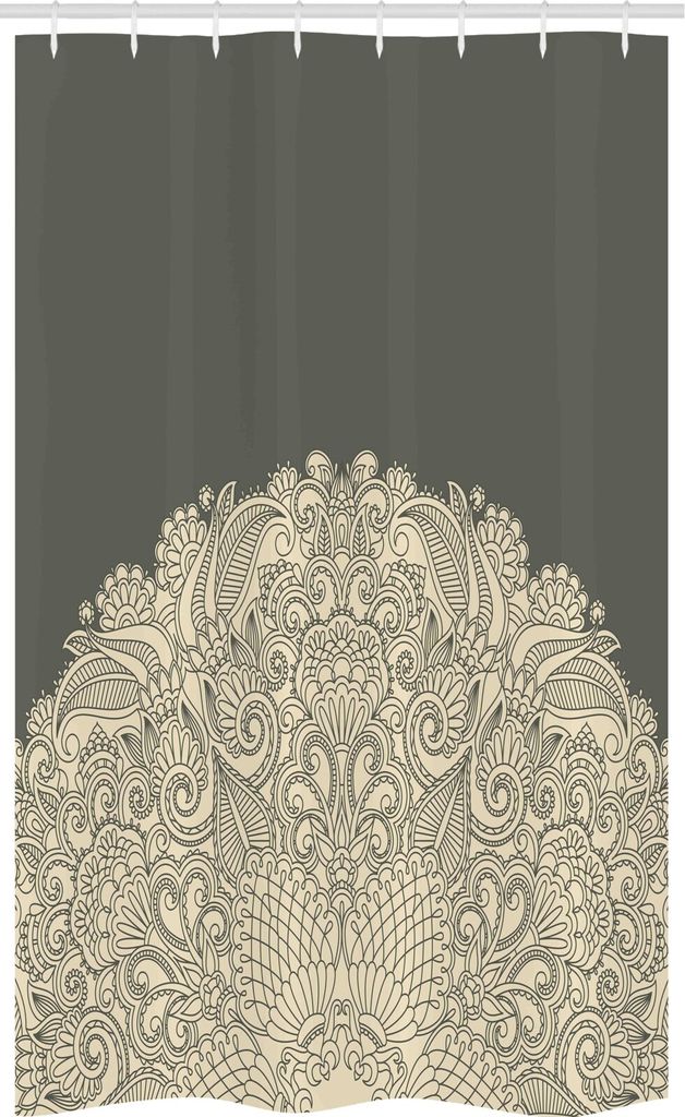 ABAKUHAUS Orientalisch Schmaler Duschvorhang, Floral Halbe Mandala, Badezimmer Deko Set aus Stoff mit Haken, 120 x 180 cm, Beige und Dunkel Taupe