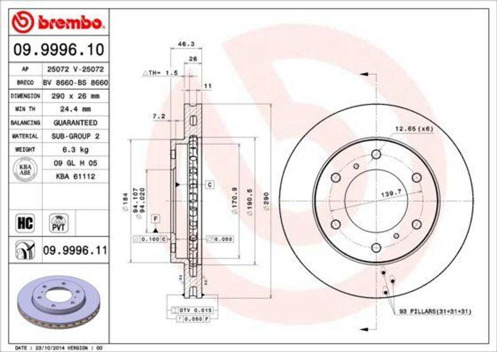 BREMBO 09.9996.11 Bremsscheibe OE MR407116 kompatibel mit Pajero