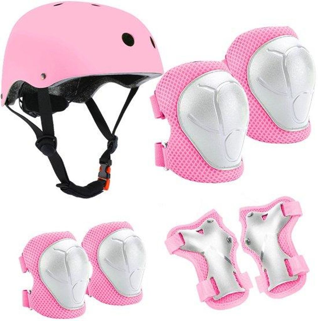 Kinder-Sicherheits-Set - 7-teiliges Set - Rollschuhe & Fahrrad - Verstellbare Helm - Ellenbogen- und Kniebeschermungen (rosa)