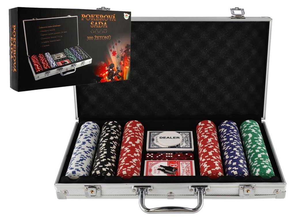 Poker-Set (300 Teile) + Karten + Würfel in einem Aluminiumkoffer in einer Schachtel (40 x 24 x 8 cm)