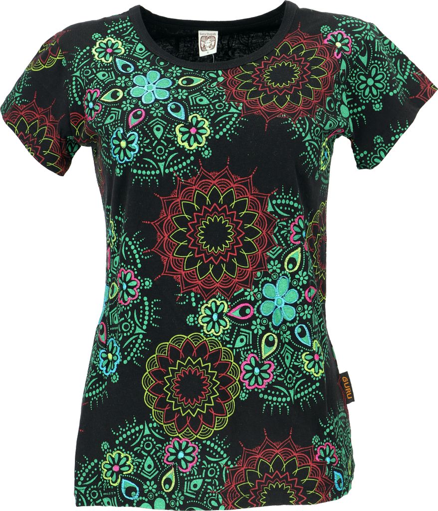 Boho T-Shirt mit Mandaladruck, Bedrucktes Baumwoll T-Shirt, Yoga T-Shirt - Schwarz/grün, Damen, Baumwolle, Größe: M