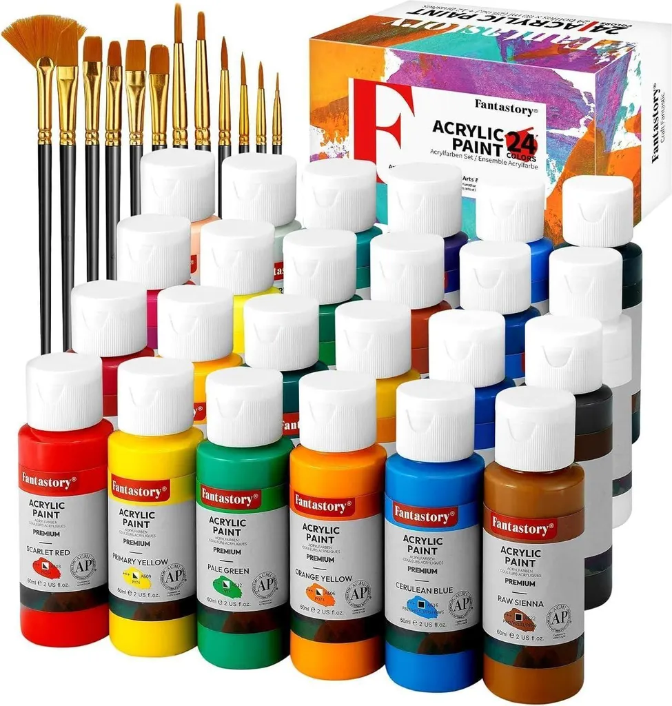 Fantastory Set Peinture Acrylique 24 Couleurs 60ml et 12 Pinceaux Art