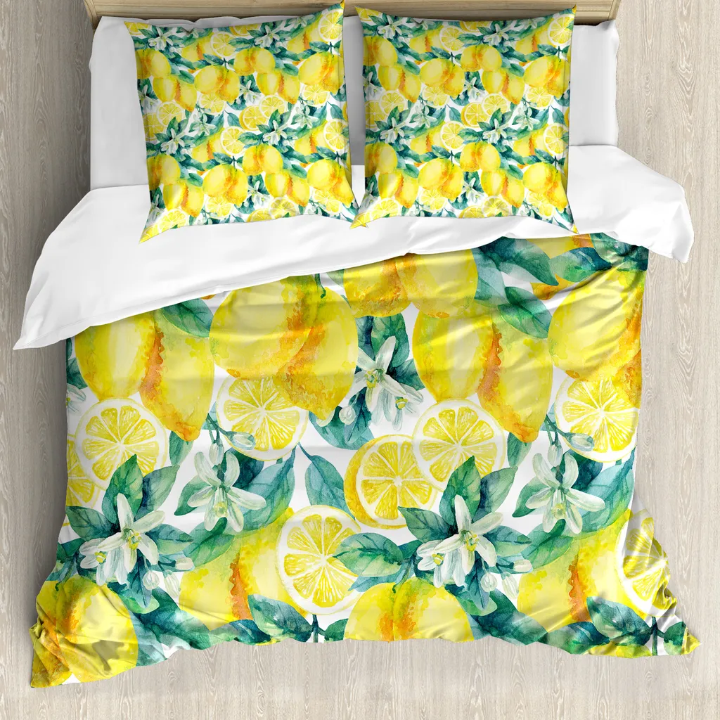 ABAKUHAUS Set copripiumino da letto matrimoniale, rami di limoni e agrumi, antiacaro, adatto a chi soffre di allergie, con federe, giallo