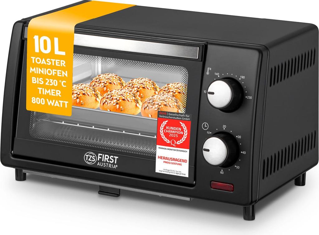 A black mini oven with baked goods inside, presented on a white background with marketing labels.