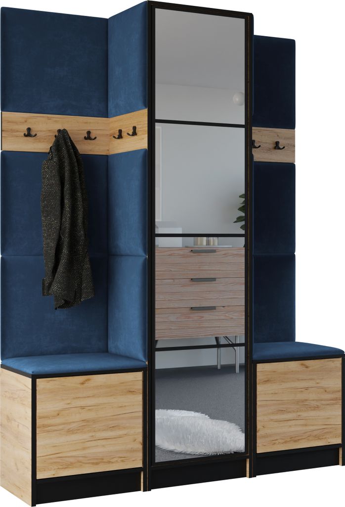 KIER FURNITURE Kleiderschrank EDEN, Schlafzimmer Schrank, Garderobeschrank, Flurschrank Craft Eiche & Blau 159,6x205x39 cm