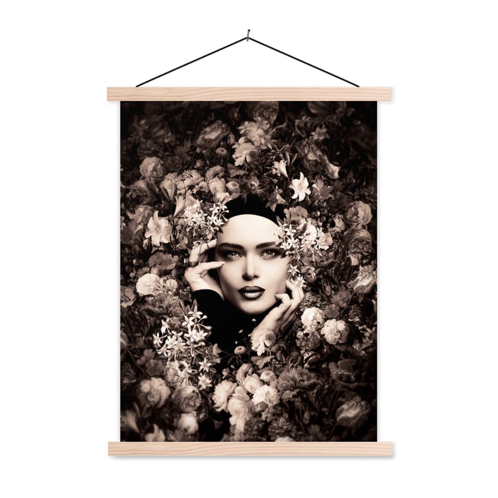 MuchoWow Textilposter Frau - Blumen - Botanisch - Natur 40x53 cm mit holzfarbenen Rahmen - Schlafzimmer