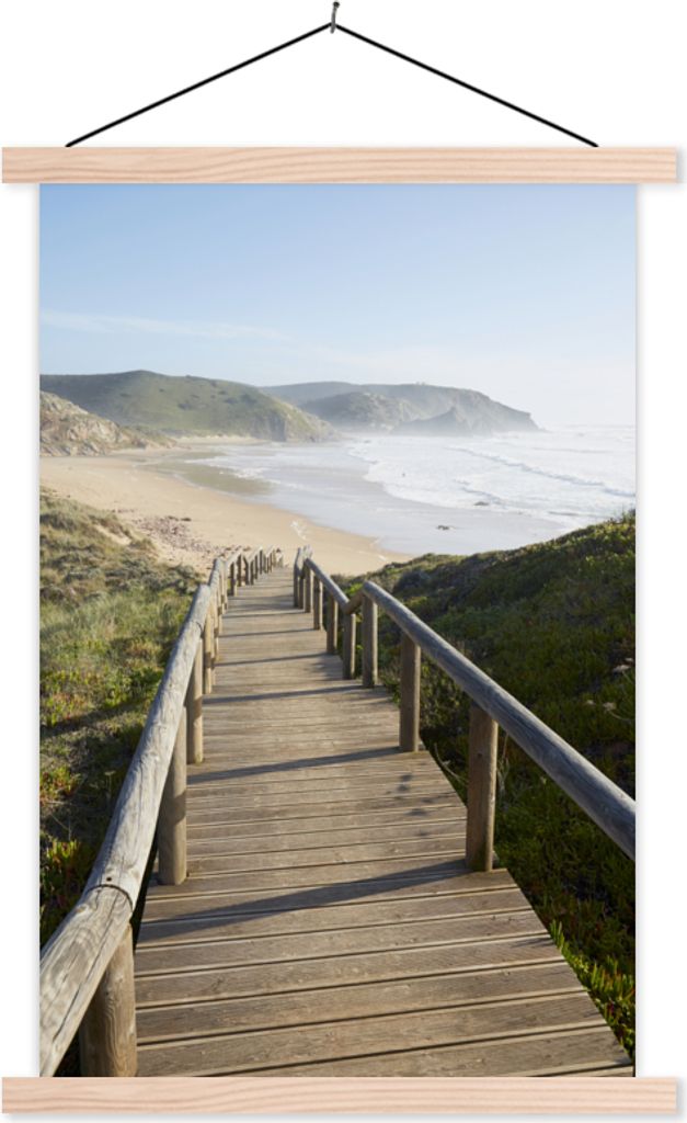 MuchoWow Textilposter Meer - Strand - Treppe 60x90 cm mit holzfarbenen Rahmen - Textil