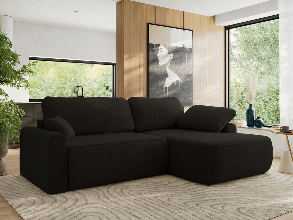 MKS MEBLE Ecksofa CUBO L-form, lose Kissen, Ecksofa 273x187x100 cm mit Schlaffunktion, Bettkasten - Schwarz Boucle - Rechts Seite