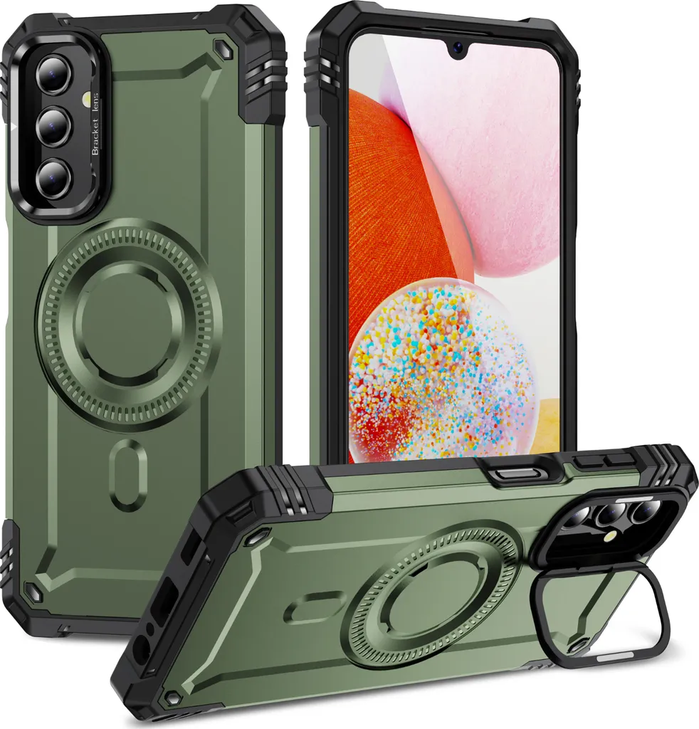 Custodia magnetica per Samsung Galaxy A14 5G/4G, robusta custodia protettiva militare con supporto ad anello per fotocamera Verde