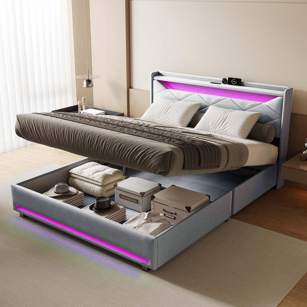 ProximaX 140 x 200 cm graues Stoffbett mit LED-Beleuchtung an Kopf- und Fußteil, USB-Anschluss am Kopfteil, Gasdruckfederfunktion, Stauraum unter ...