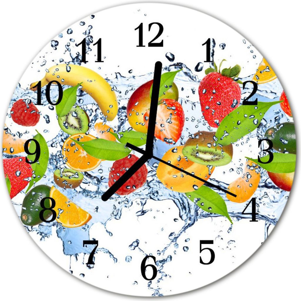 Glasuhr Wanduhr Küchenuhr Echt-Glas 30fi cm Obst Wasser mehrfarbig