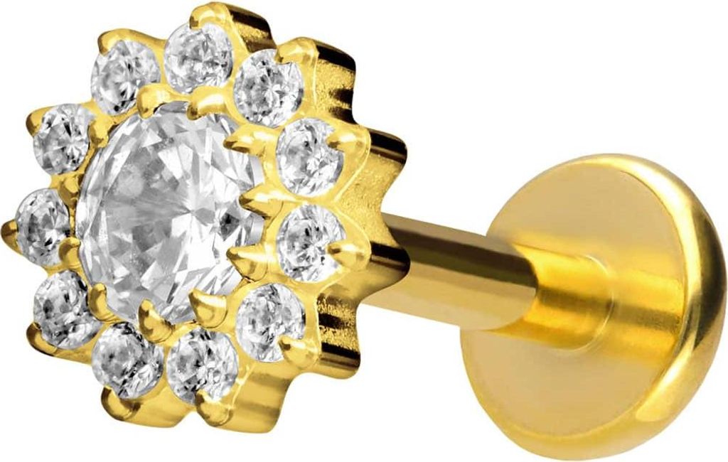 Ohrpiercing, Nasenpiercing Titan Labret mit Push Fit KRISTALLBLUME Gold Stablänge: 9mm | Stabstärke: 1,2mm