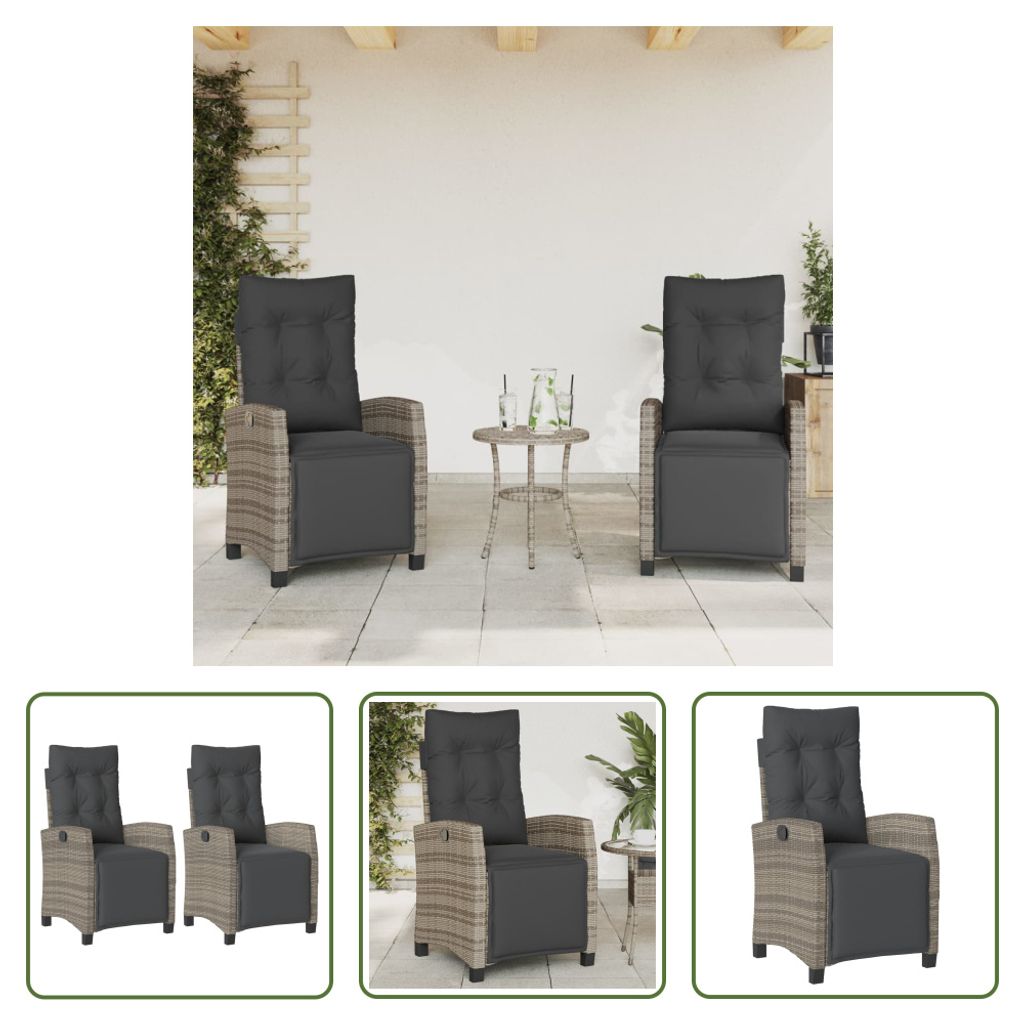 The Living Store Gartensessel mit Fußteil 2 Stk. Verstellbar Grau Poly Rattan