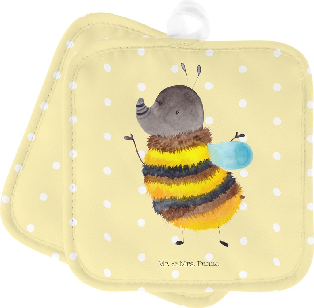Mr. & Mrs. Panda Topfuntersetzer Hummel flauschig - Gelb Pastell - Geschenk, Biene, Topflappen Set, Kochlappen, Topflappenset, Natur, Blume, topfha...
