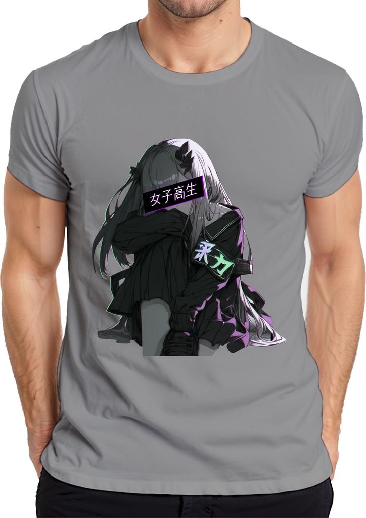 女子高生 Anime Gothic Emo Traurig Vaporwave Neon Ästhetisch Kawaii Herren T-Shirt, Grau, XXL