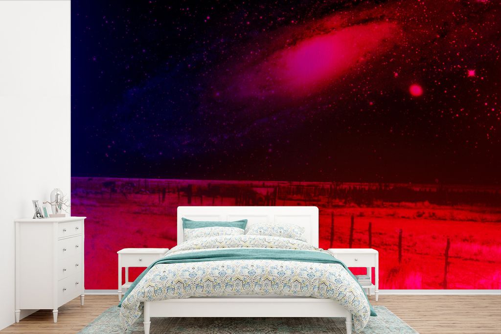 MuchoWow Fototapete für Wohnzimmer oder Schlafzimmer Wandtapete Vinyl Motivtapete Galaxie - Rot - Sternenhimmel - 390x260 cm - Papiertapete
