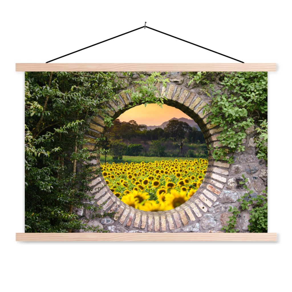 MuchoWow Textilposter Durchschauen - Blumen - Sonnenblume 120x80 cm mit holzfarbenen Rahmen - Aufhängeset