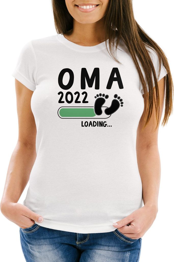 Damen T-Shirt Mama Oma Tante Patentente 2022 loading Geschenk für werdende Oma Schwangerschaft Geburt Baby Slim Fit Moonworks weiß-schwarz S