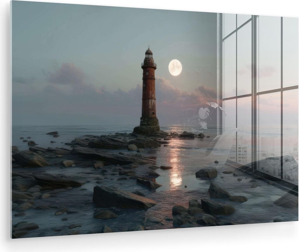 MuchoWow Glasbilder - Bilder auf Wandbild - Foto auf Glas Leuchtturm - Steine - Wasser - Mond 30x20 cm Wanddekoration aus Glas - Acrylglasbild - Ac...