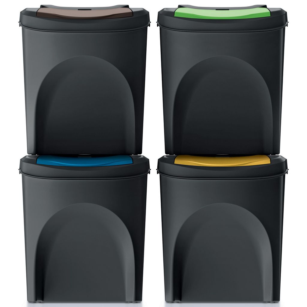 Four stacked recycling bins with different colored lids.