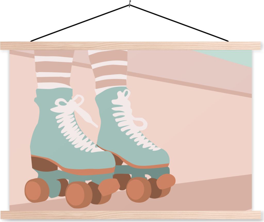 MuchoWow Textilposter Sommer - Rollerblades - Blau 120x80 cm mit holzfarbenen Rahmen - Aufhängeset