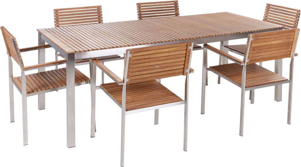 BELIANI Gartenmöbel Set 7-Teilig Hellbraun es Teakholz und Edelstahl Rechteckiger Tisch 200 x 90 cm 6 Stühle Modern Terrasse Outdoor