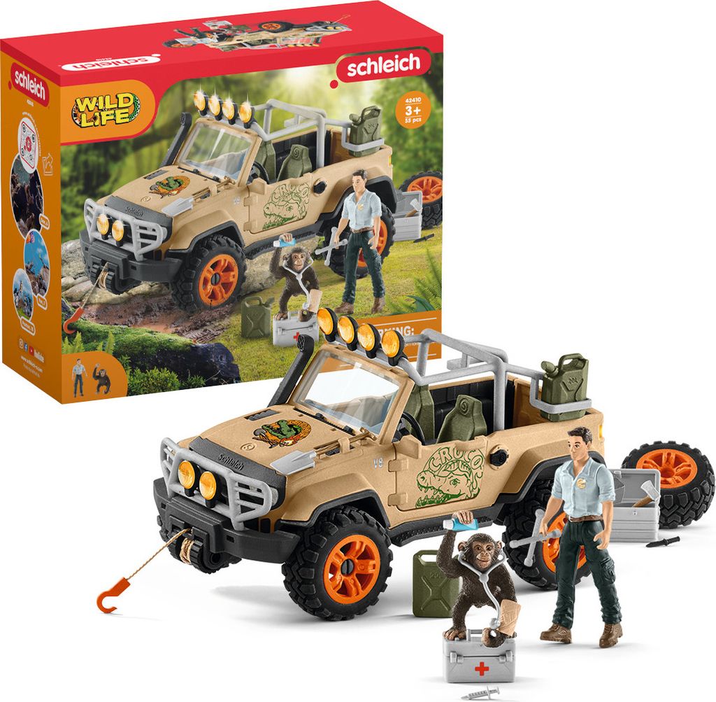 A toy set featuring a safari jeep, figures, and accessories, displayed both in its packaging and as a standalone product.