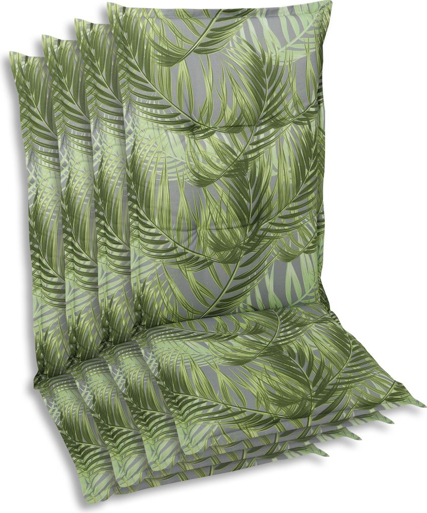 A stack of chair cushions with a green palm leaf pattern on a gray background.