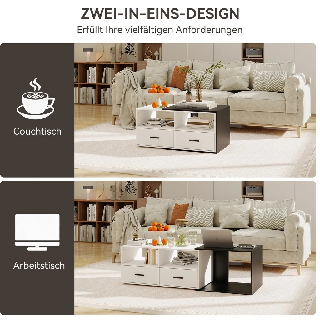 Table Basse avec Tiroir et Design Modulaire Extensible Noir et Blanc - 9